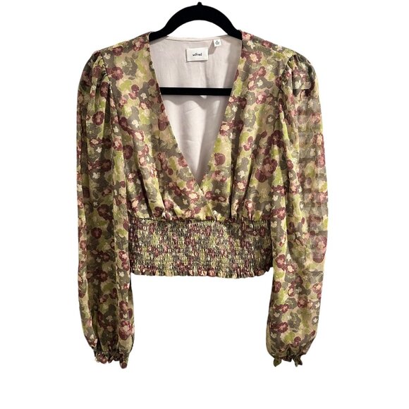 ✌️ 2/$40 ✌️ Artizia Wilfred Floral Green & Plum Plunging Neck Blouse sz M - Picture 1 of 8